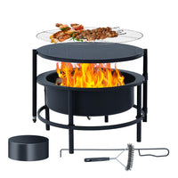 Rotating Outdoor Fire Pit Table, 4 in 1 Fire Pits for Outside Wood Burning with Grill Grate, Poker and Round Waterproof Cover, 28 Inch BBQ Grill Firepit Bowl for Camping, Patio, Backyard, Bonfire