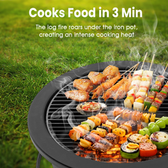 Rotating Outdoor Fire Pit Table, 4 in 1 Fire Pits for Outside Wood Burning with Grill Grate, Poker and Round Waterproof Cover, 28 Inch BBQ Grill Firepit Bowl for Camping, Patio, Backyard, Bonfire