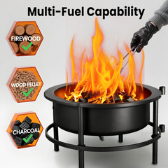 Rotating Outdoor Fire Pit Table, 4 in 1 Fire Pits for Outside Wood Burning with Grill Grate, Poker and Round Waterproof Cover, 28 Inch BBQ Grill Firepit Bowl for Camping, Patio, Backyard, Bonfire
