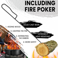 Rotating Outdoor Fire Pit Table, 4 in 1 Fire Pits for Outside Wood Burning with Grill Grate, Poker and Round Waterproof Cover, 28 Inch BBQ Grill Firepit Bowl for Camping, Patio, Backyard, Bonfire