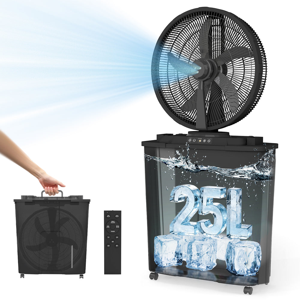TMYWTRS 20" Large Misting Bucket Fan, Outdoor Rechargeable Camping Mist Fan | 25L Retractable Oscillating Mister Fan with Remote, Ice Cooling Fan with LED Light for Patio, Fishing, Golf, Traveling