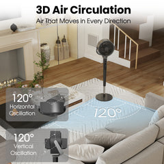 Pedestal Fan with 37"-46" Adjusted, Quiet Standing Fan for Home Bedroom, 120°+120° Smart 3D Oscillating Floor Fan, 16 Speeds, 4 Wind Modes, Screen-Off, Child Lock, 12H Timer