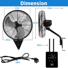 20" Wall Mount Fan 7000 CFM High Velocity Wall Industrial Fan 120° Oscillating Fans 3-Speed for Household, Commercial Use - ETL Listed, Black