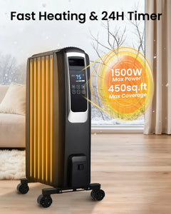 Oil Filled Radiator Heater, Electric Radiant Heaters for Indoor Use Large Room, Portable Space Heater with ECO Mode, Quiet Heating with Remote Control, 24H Timer, Tip-over & Overheat Protection