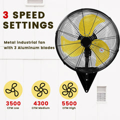 20 Inch Wall Mount Fan, Heavy Duty Oscillating Wall-Mounted Fan with 5500 CFM, High Velocity 3 Speed Fans Outdoor with Adjustable Tilting for Workshop, Garage, Patios, Commercial and Industrial