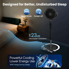 Pedestal Fan with 37"-46" Adjusted, Quiet Standing Fan for Home Bedroom, 120°+120° Smart 3D Oscillating Floor Fan, 16 Speeds, 4 Wind Modes, Screen-Off, Child Lock, 12H Timer