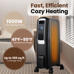 1500W Electric Oil Filled Radiator, 26" Durable Steel Radiator Heater, Oil Filled Heater with Remote Control, ECO & Silent Mode, 24H Timer, Overheat & Tip-Over Protection
