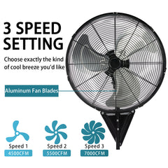 20" Wall Mount Fan 7000 CFM High Velocity Wall Industrial Fan 120° Oscillating Fans 3-Speed for Household, Commercial Use - ETL Listed, Black