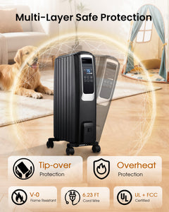 Oil Filled Radiator Heater, Electric Radiant Heaters for Indoor Use Large Room, Portable Space Heater with ECO Mode, Quiet Heating with Remote Control, 24H Timer, Tip-over & Overheat Protection