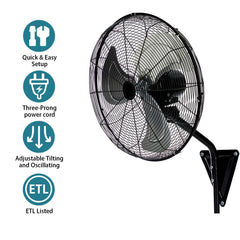 20" Wall Mount Fan 7000 CFM High Velocity Wall Industrial Fan 120° Oscillating Fans 3-Speed for Household, Commercial Use - ETL Listed, Black