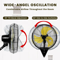 20 Inch Wall Mount Fan, Heavy Duty Oscillating Wall-Mounted Fan with 5500 CFM, High Velocity 3 Speed Fans Outdoor with Adjustable Tilting for Workshop, Garage, Patios, Commercial and Industrial