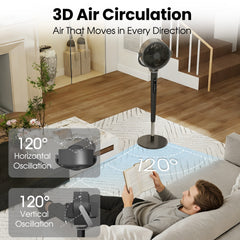 Pedestal Fan with 37"-46" Adjusted, Quiet Standing Fan for Home Bedroom, 120°+120° Smart 3D Oscillating Floor Fan, 16 Speeds, 4 Wind Modes, Screen-Off, Child Lock, 12H Timer