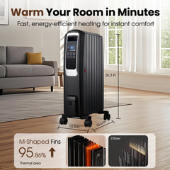 1500W Electric Oil Filled Radiator, 26" Durable Steel Radiator Heater, Oil Filled Heater with Remote Control, ECO & Silent Mode, 24H Timer, Overheat & Tip-Over Protection