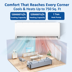 12000 BTU Mini Split Air Conditioner & Heater, 19 SEER2 115V Energy Efficient Ductless Wall-Mounted AC Unit Covers Up to 750 Sq. Ft, Remote Control