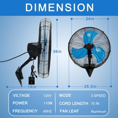 24” Wall Mount Fan 8000 CFM High Velocity Industrial Heavy Duty Fan with 3-Speed Oscillating Commercial Use for Warehouse, Garage, Factory, Blue