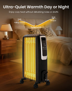 Oil Filled Radiator Heater, Electric Radiant Heaters for Indoor Use Large Room, Portable Space Heater with ECO Mode, Quiet Heating with Remote Control, 24H Timer, Tip-over & Overheat Protection
