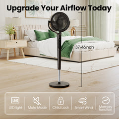 Pedestal Fan with 37"-46" Adjusted, Quiet Standing Fan for Home Bedroom, 120°+120° Smart 3D Oscillating Floor Fan, 16 Speeds, 4 Wind Modes, Screen-Off, Child Lock, 12H Timer