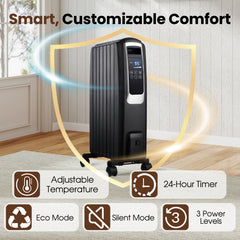 1500W Electric Oil Filled Radiator, 26" Durable Steel Radiator Heater, Oil Filled Heater with Remote Control, ECO & Silent Mode, 24H Timer, Overheat & Tip-Over Protection