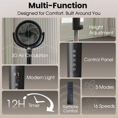 Pedestal Fan with 37"-46" Adjusted, Quiet Standing Fan for Home Bedroom, 120°+120° Smart 3D Oscillating Floor Fan, 16 Speeds, 4 Wind Modes, Screen-Off, Child Lock, 12H Timer