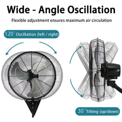20" Wall Mount Fan 7000 CFM High Velocity Wall Industrial Fan 120° Oscillating Fans 3-Speed for Household, Commercial Use - ETL Listed, Black