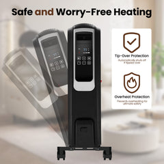 1500W Electric Oil Filled Radiator, 26" Durable Steel Radiator Heater, Oil Filled Heater with Remote Control, ECO & Silent Mode, 24H Timer, Overheat & Tip-Over Protection