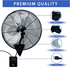 24 Inch Wall Mount Fan Oscillating Wall Fan High Velocity Heavy Duty 3-Speed Pro Metal Fans for Garage, Workhouse, Greenhouse, Farm, Shop, Industrial Use