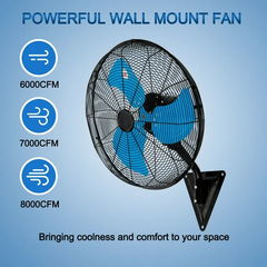 24” Wall Mount Fan 8000 CFM High Velocity Industrial Heavy Duty Fan with 3-Speed Oscillating Commercial Use for Warehouse, Garage, Factory, Blue