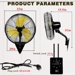 20 Inch Wall Mount Fan, Heavy Duty Oscillating Wall-Mounted Fan with 5500 CFM, High Velocity 3 Speed Fans Outdoor with Adjustable Tilting for Workshop, Garage, Patios, Commercial and Industrial