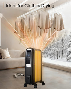 Oil Filled Radiator Heater, Electric Radiant Heaters for Indoor Use Large Room, Portable Space Heater with ECO Mode, Quiet Heating with Remote Control, 24H Timer, Tip-over & Overheat Protection